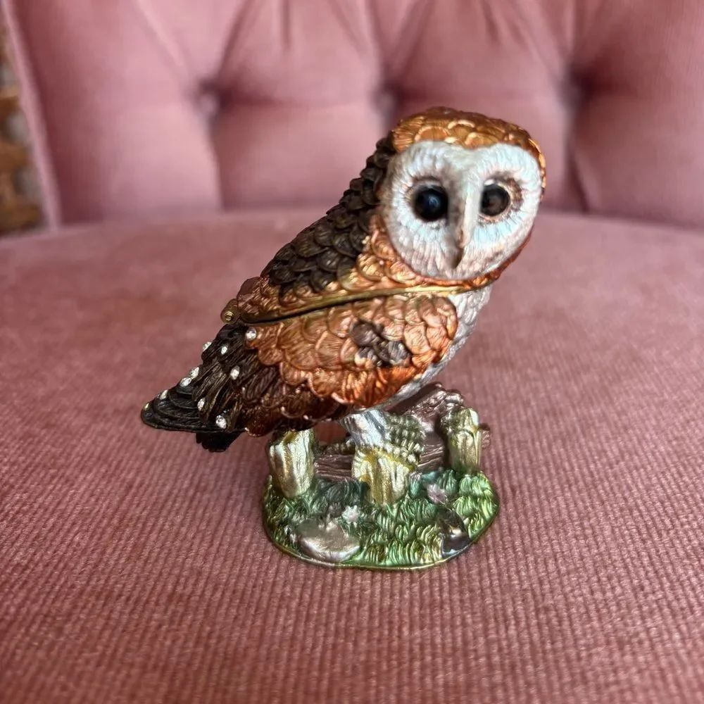 Owl Trinket Box Jeweled Hinged Miniature Figurine Brown Gold Enamel